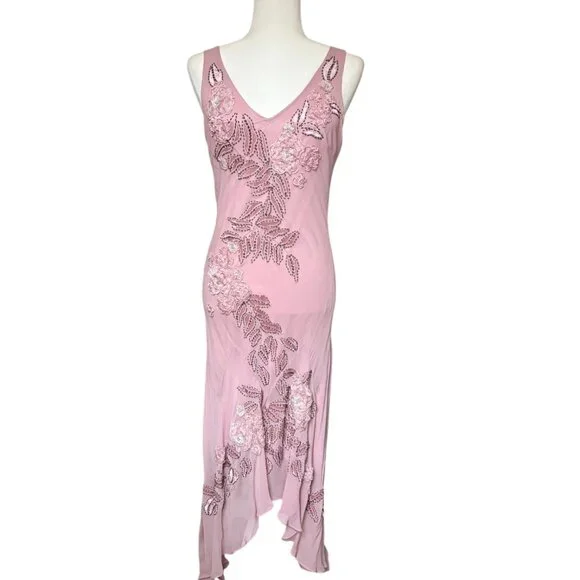 Vintage Sue Wong Silk Beaded Midi Maxi Gown 8 Blush Pink Y2K Fairy Floral Prom - Picture 8 of 10